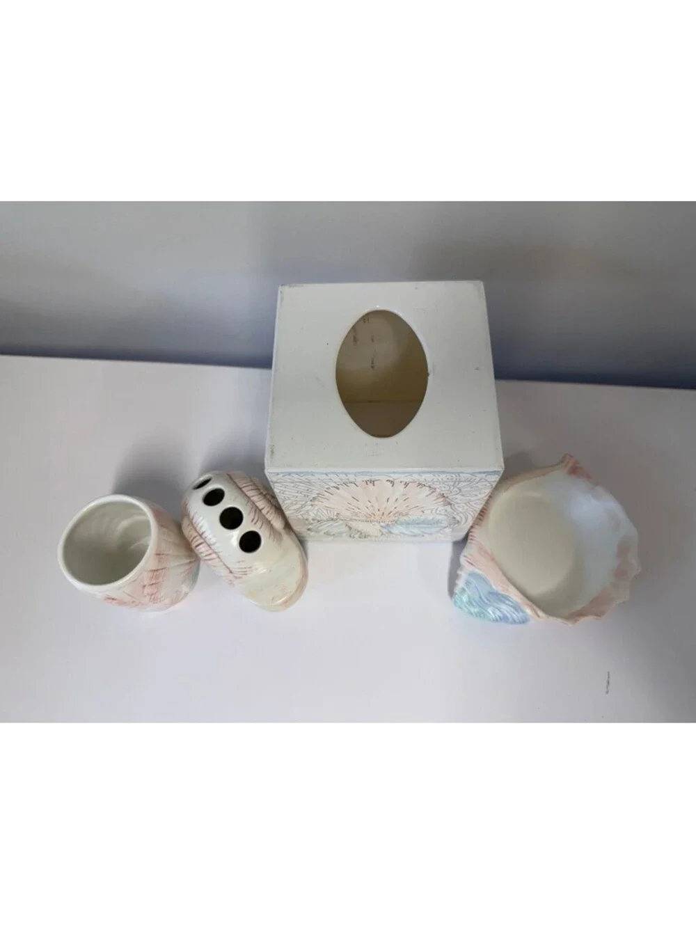 Ceramic Seashell Bathroom Accessory Set - Toothbrush, Soap Dish, Cup, Tissue box